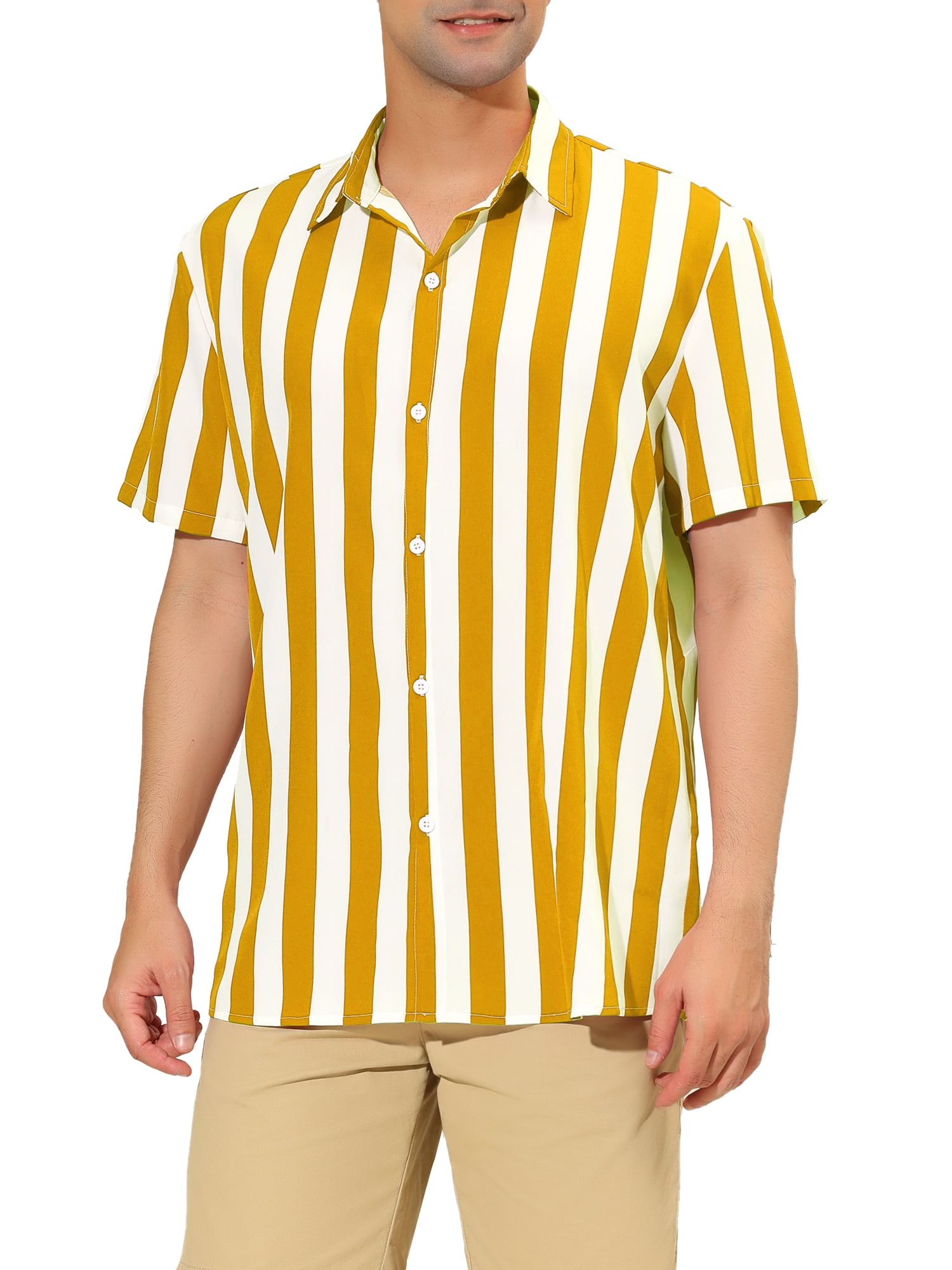 Unique Bargains Men's Short Sleeved Color Block Button Down Beach Stripe Shirt L Yellow