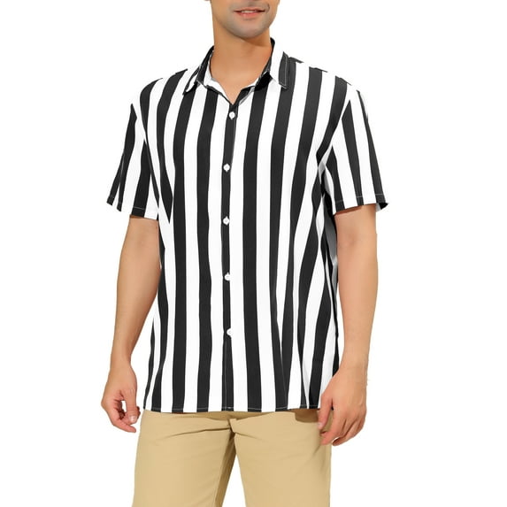 Unique Bargains Men's Short Sleeved Color Block Button Down Beach Stripe Shirt M Black
