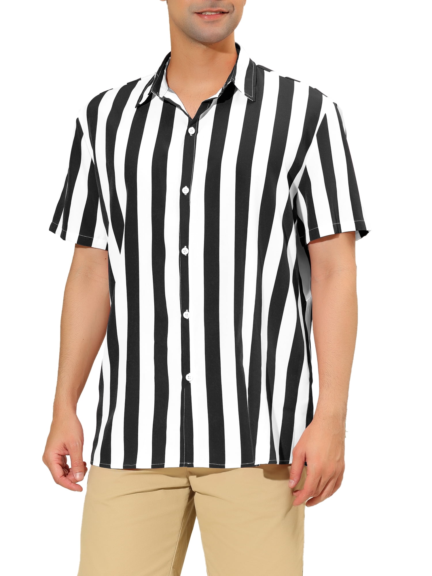 Unique Bargains Men's Short Sleeved Color Block Button Down Beach Stripe Shirt XL Black