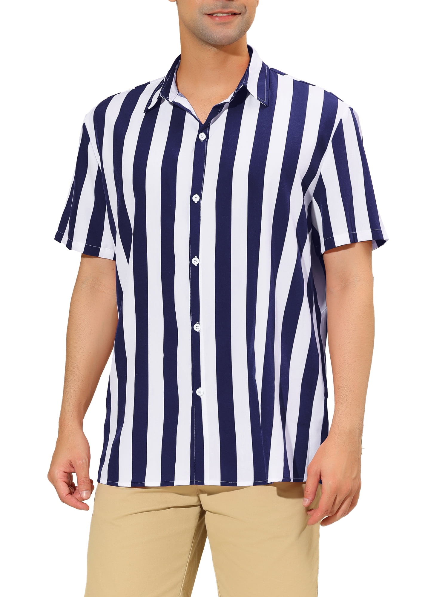 Unique Bargains Men's Short Sleeved Color Block Button Down Beach Stripe Shirt XL Navy Blue