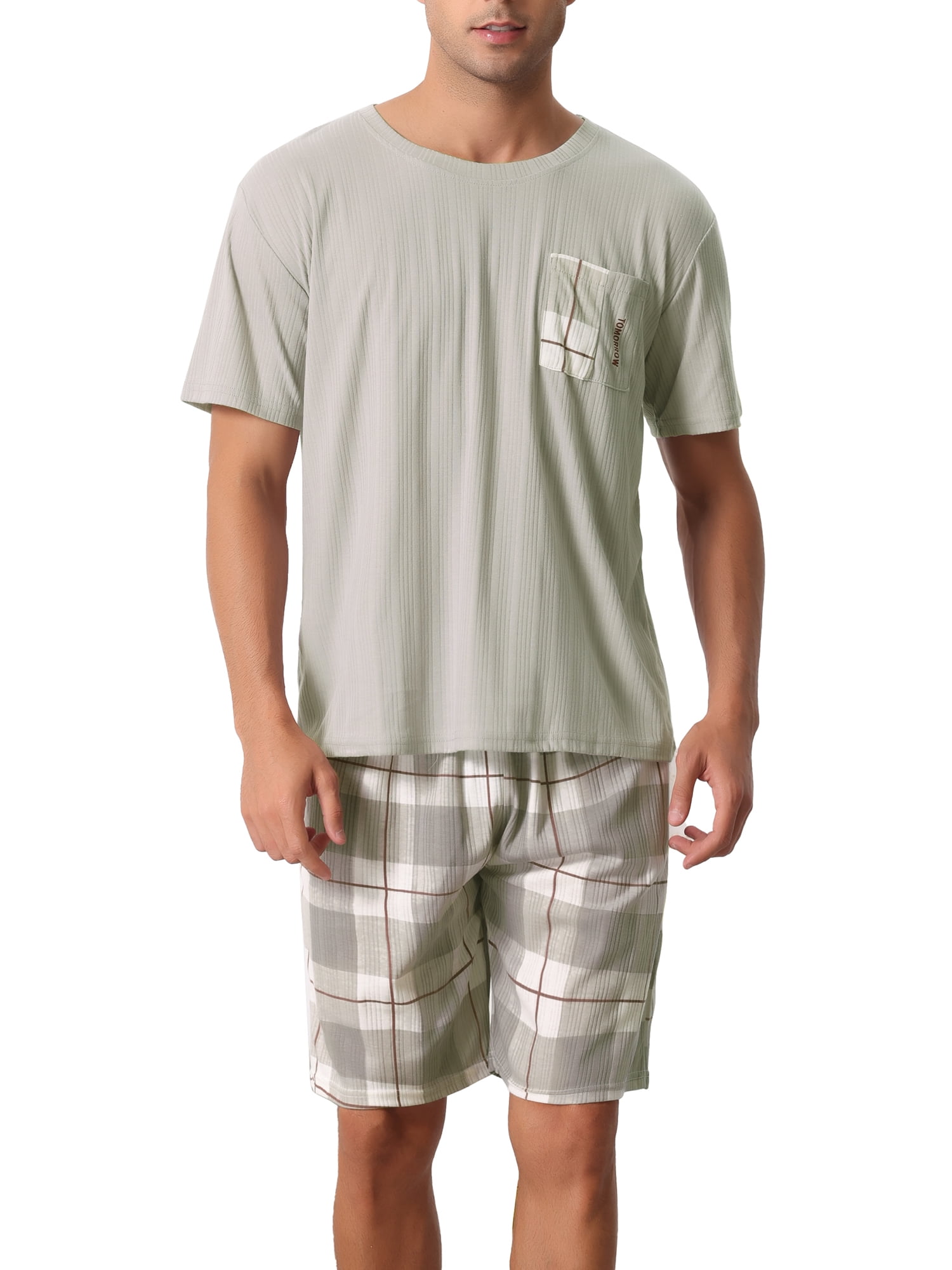 Unique Bargains Men's Sleepwear Plaid Short Sleeve T-Shirt with Shorts Couple Pajama Set L Gray
