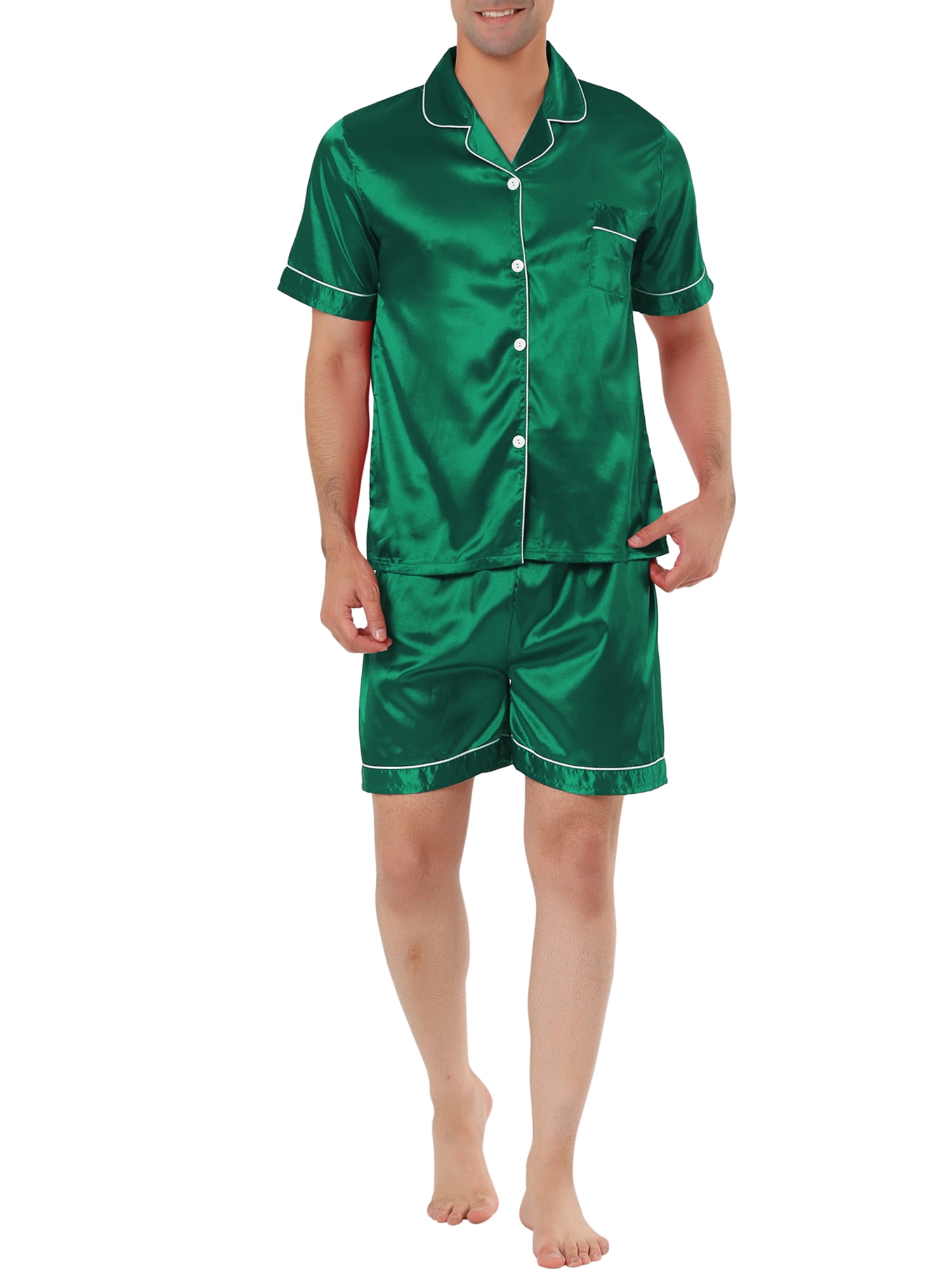 Unique Bargains Men's Sleepwear Short Sleeve Top and Pants Satin Pajama Set L Green