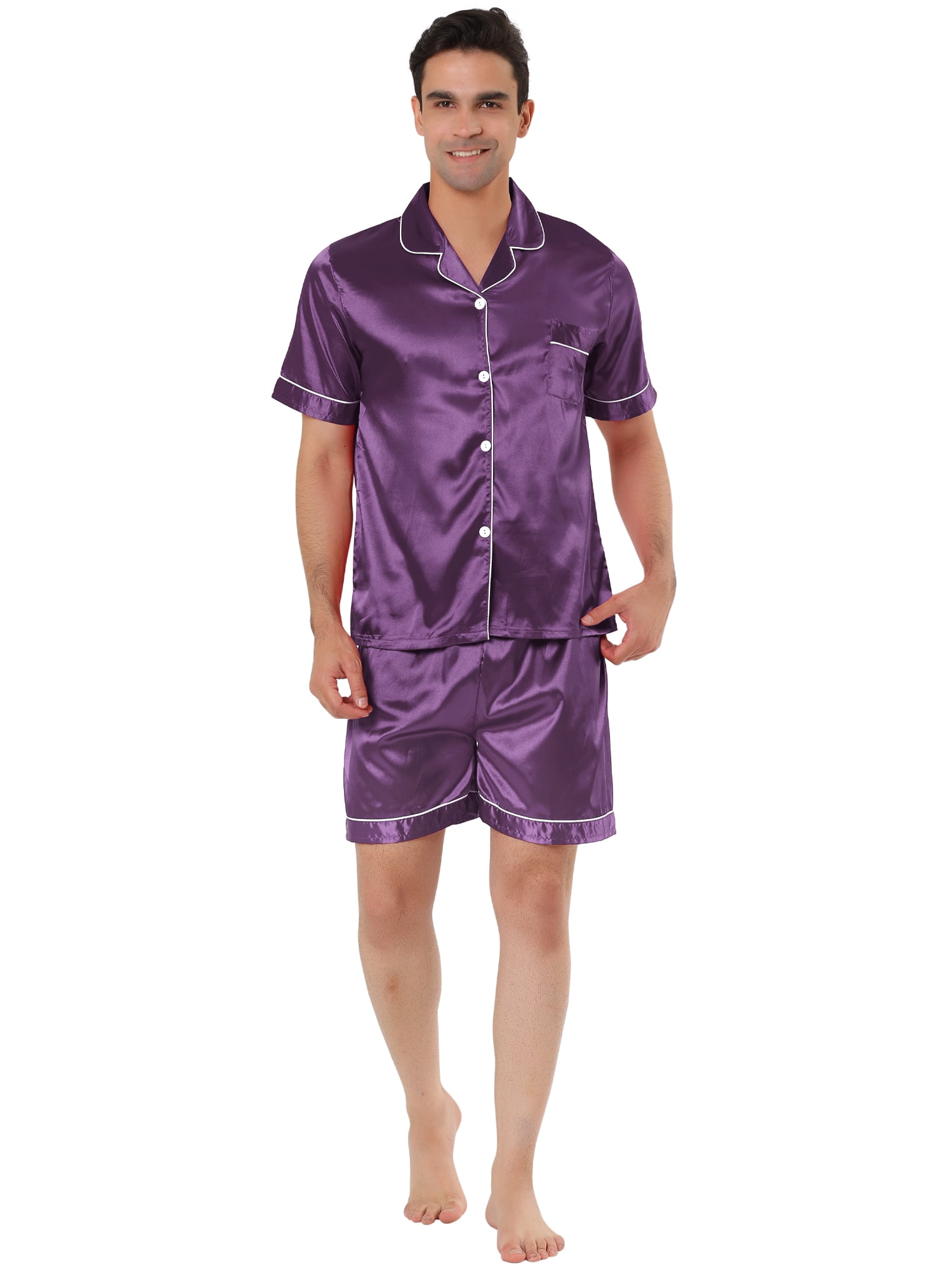 Unique Bargains Men's Sleepwear Short Sleeve Top and Pants Satin Pajama Set S Purple