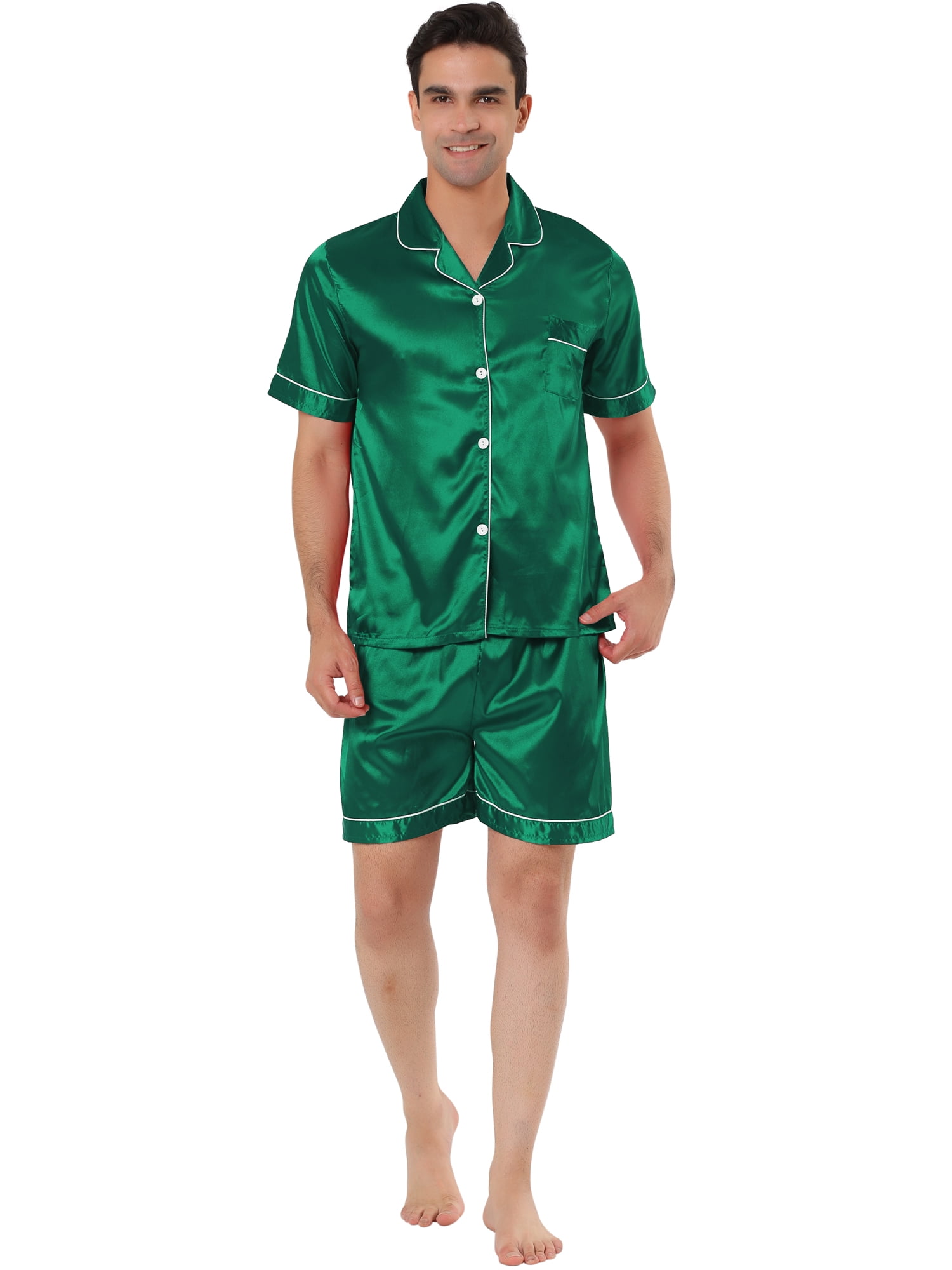 Unique Bargains Men's Sleepwear Short Sleeve Top and Pants Satin Pajama Set XL Green