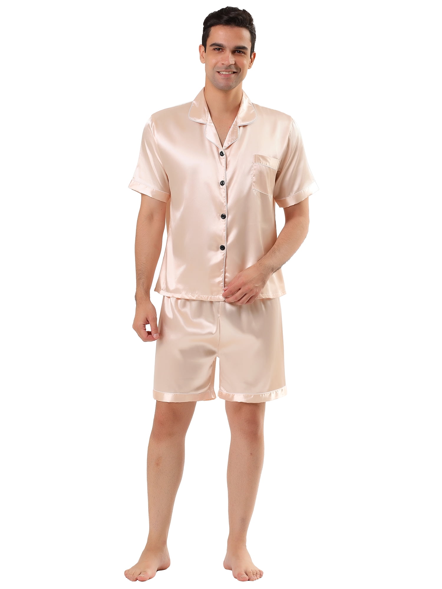 Unique Bargains Men's Sleepwear Short Sleeve Top and Pants Satin Pajama Set XL Rose Golden