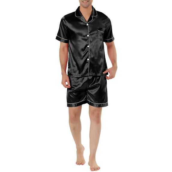 Unique Bargains Men's Sleepwear Short Sleeve Top and Pants Satin Pajama Set L Black