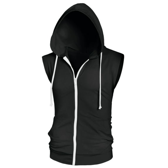 Unique Bargains Men's Sleeveless Hoodie Zipper Drawstring Hooded Sweatshirt Vest L Black