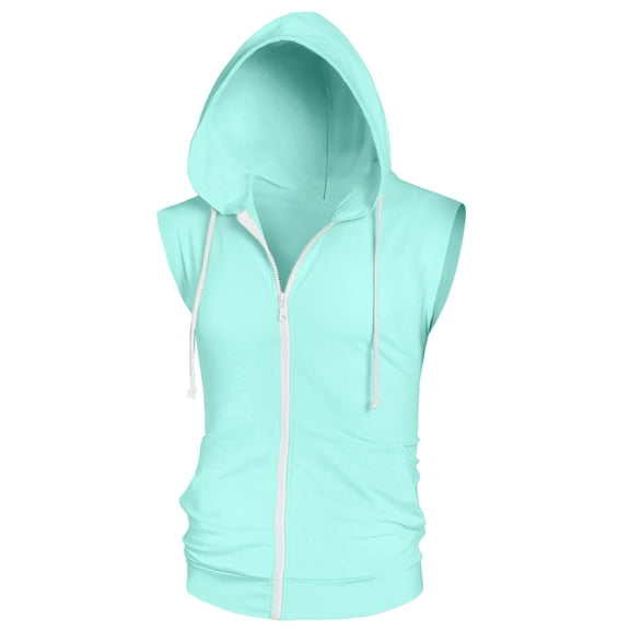 Unique Bargains Men's Sleeveless Hoodie Zipper Drawstring Hooded Sweatshirt Vest S Mint
