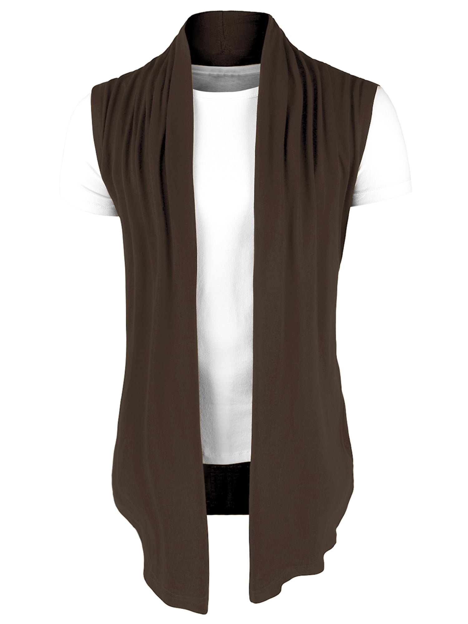 DARING DIVA Men's Sleeveless Open Front Asymmetric Hem Cardigan Vest 50 Brown