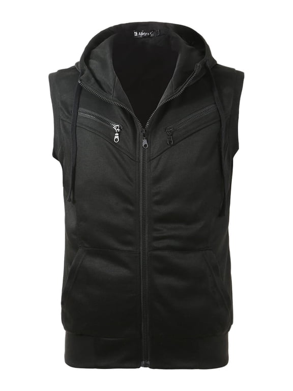 Men's Sleeveless Zip Up Drawstring Hooded Vest 34 Black