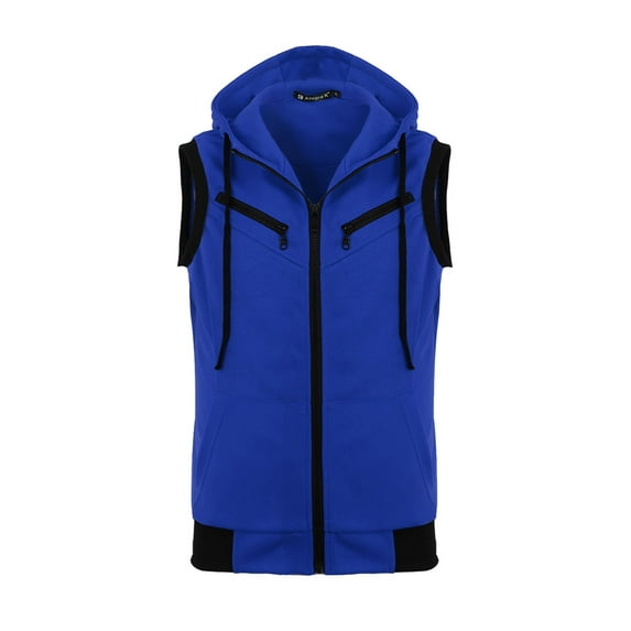 Unique Bargains Men's Sleeveless Zip Up Drawstring Hooded Vest 38 Blue