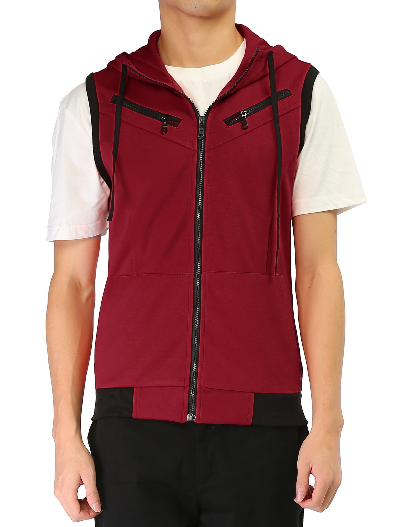Unique Bargains Men's Sleeveless Zip Up Drawstring Hooded Vest 38 Red