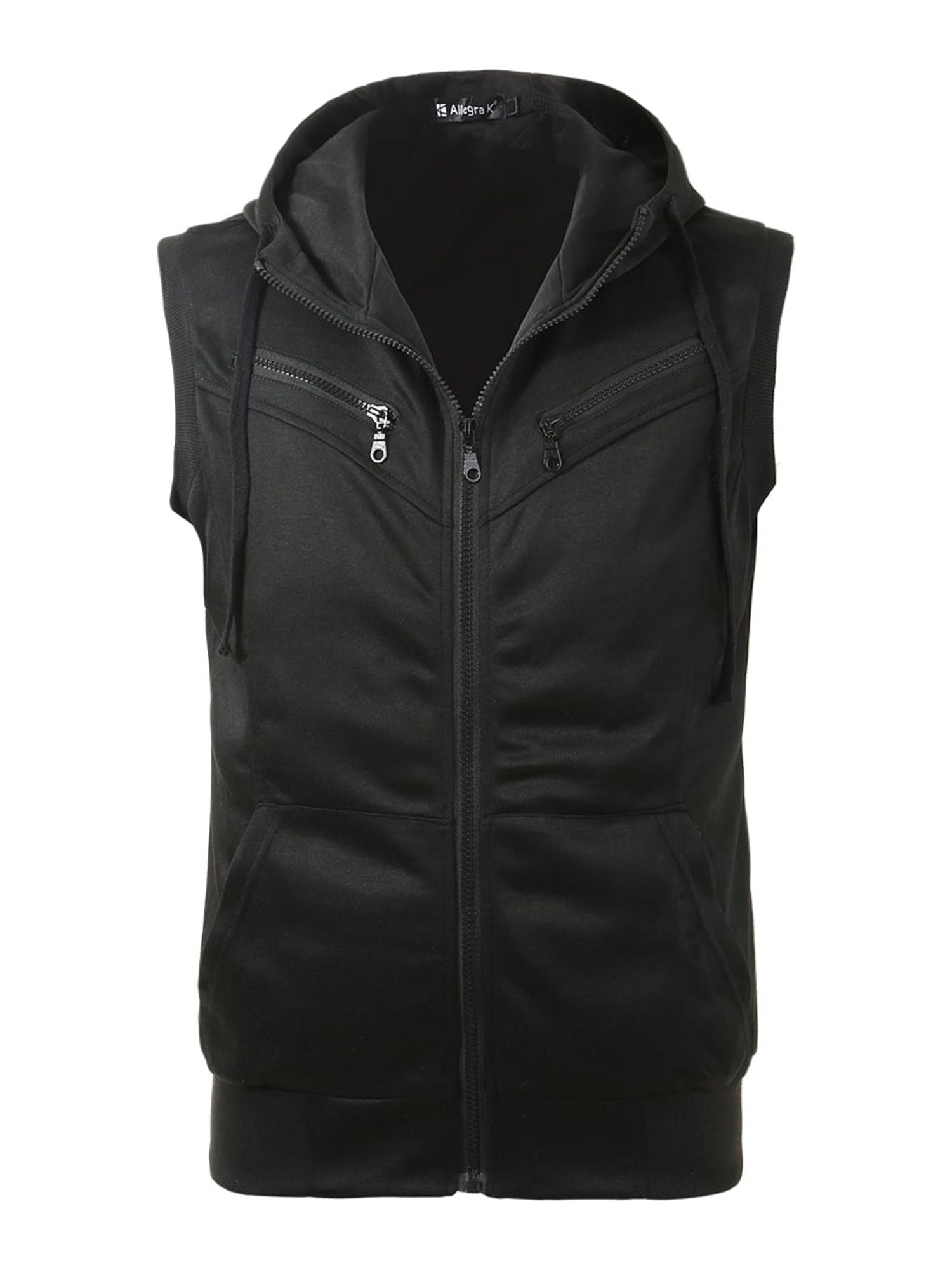 Unique Bargains Men's Sleeveless Zip Up Drawstring Hooded Vest 42 Black