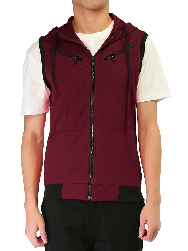 Bargains men's Sleeveless Zip Up Hooded Vest - Burgundy 42