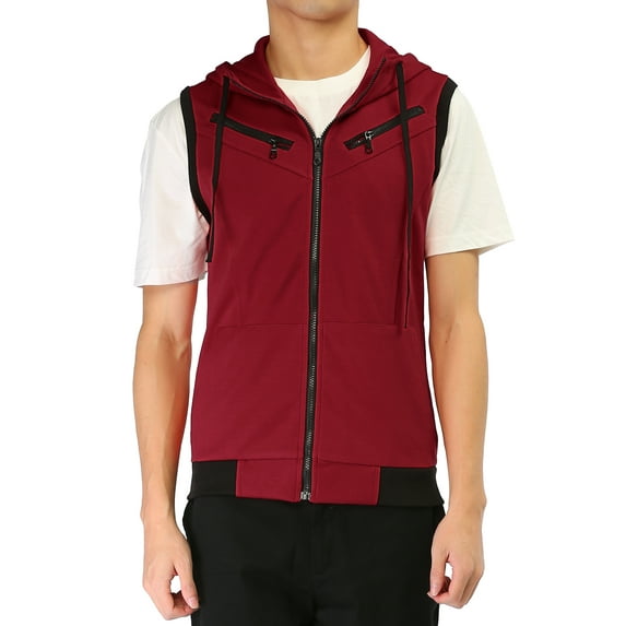 Unique Bargains Men's Sleeveless Zip Up Drawstring Hooded Vest 42 Red