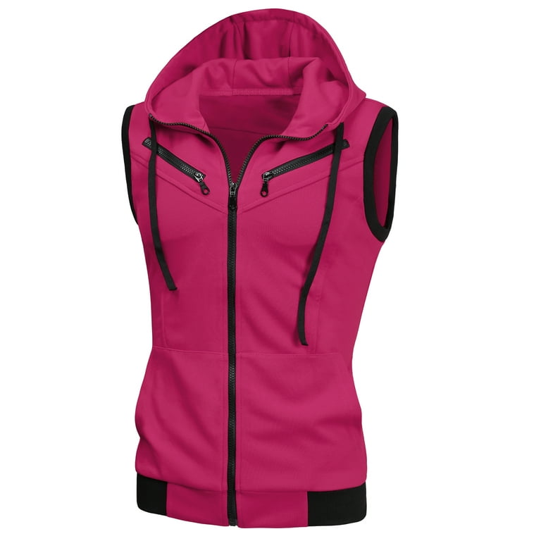 Unique Bargains Men s Sleeveless Zip Up Drawstring Hooded Vest 42 Rose Red Walmart