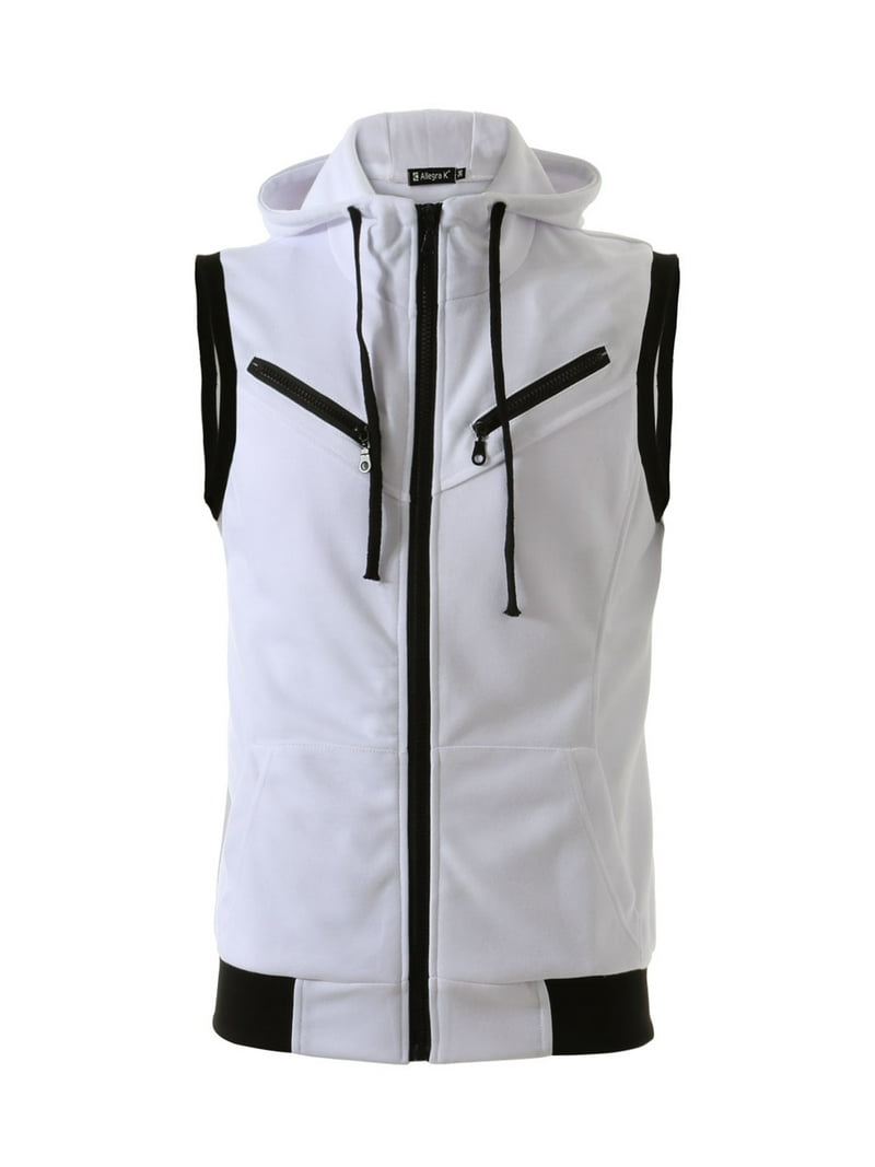 Unique Bargains men's Sleeveless Zip Up Hooded Vest - White