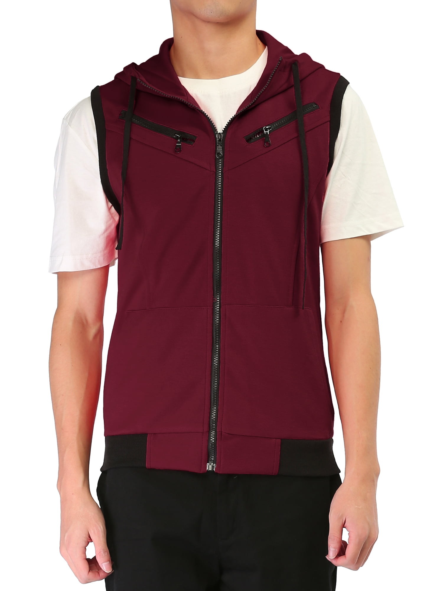 Unique Bargains Men's Sleeveless Zip Up Drawstring Hooded Vest 46 Burgundy