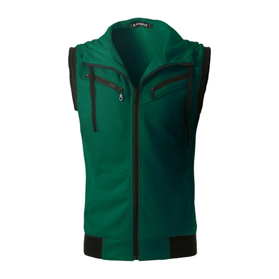 Unique Bargains Men's Sleeveless Zip Up Drawstring Hooded Vest 46 Green