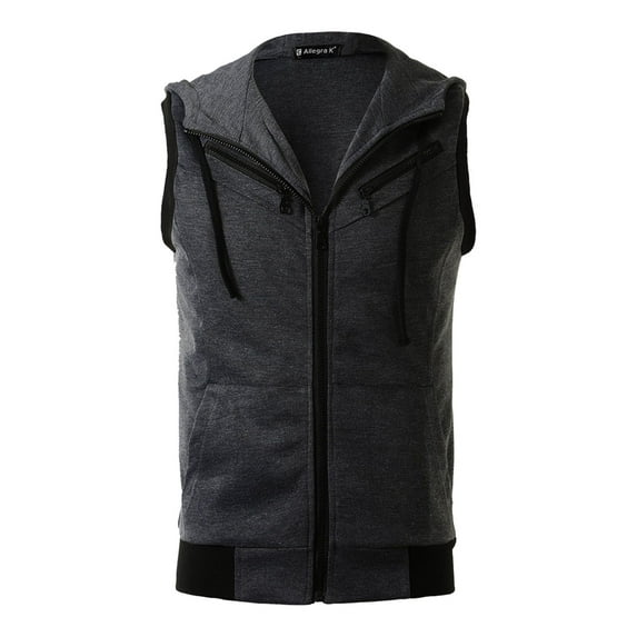 Unique Bargains Men's Sleeveless Zip Up Drawstring Hooded Vest 50 Dark Gray