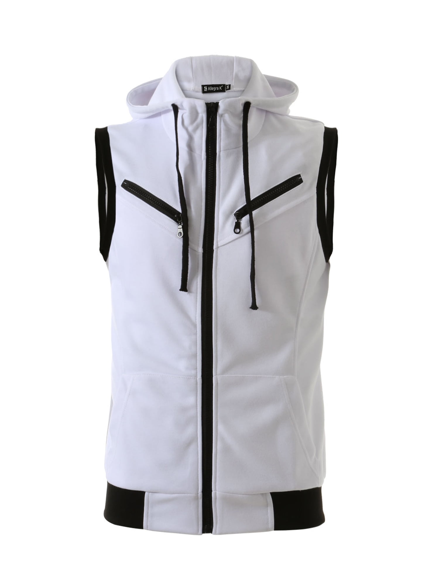 Unique Bargains Men's Sleeveless Zip Up Drawstring Hooded Vest 50 White