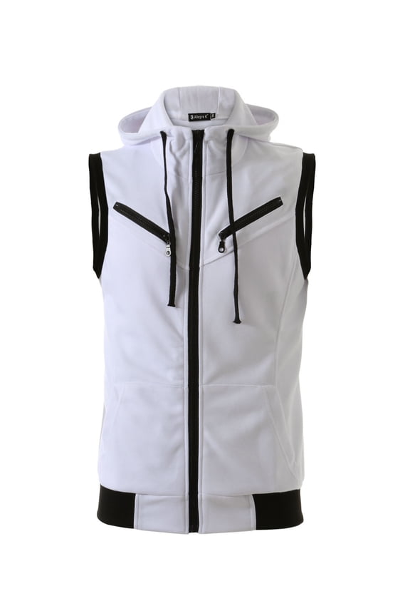 Men's Sleeveless Zip Up Drawstring Hooded Vest 50 White
