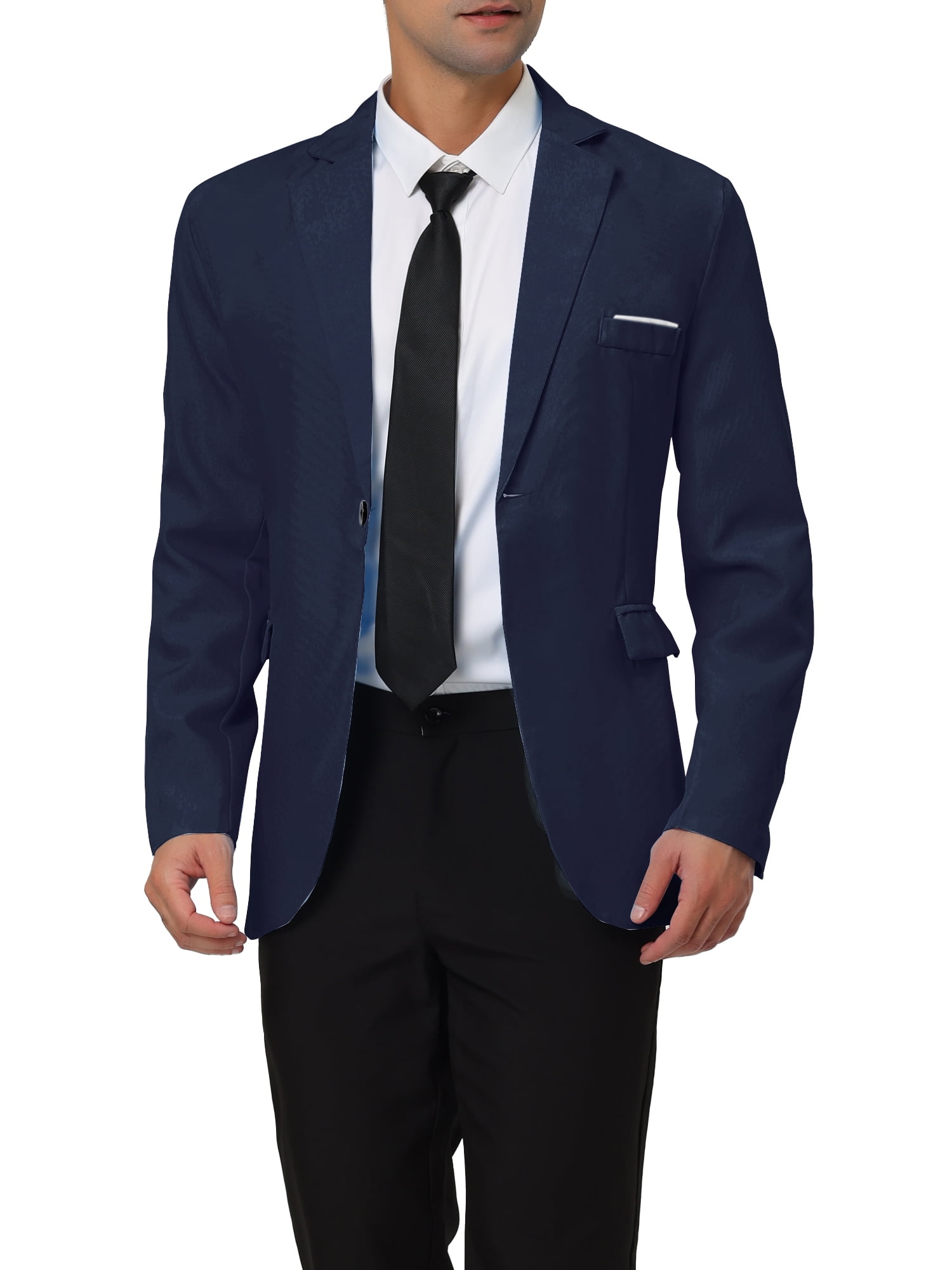 Unique Bargains Men's Slim Fit Blazer Single Breasted One Button Sports Coat L Navy Blue