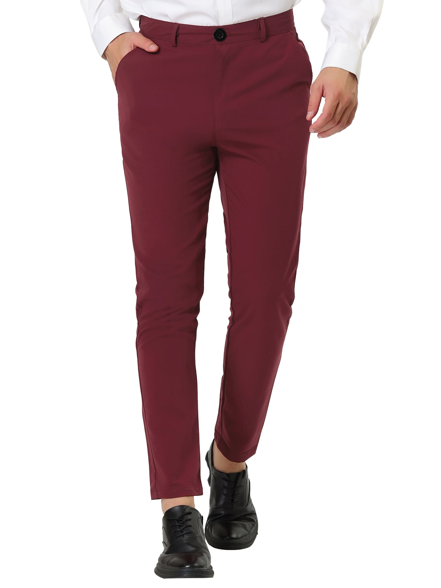 Unique Bargains Men's Slim Fit Flat Front Solid Color Business Chino Trouser 38 Burgundy
