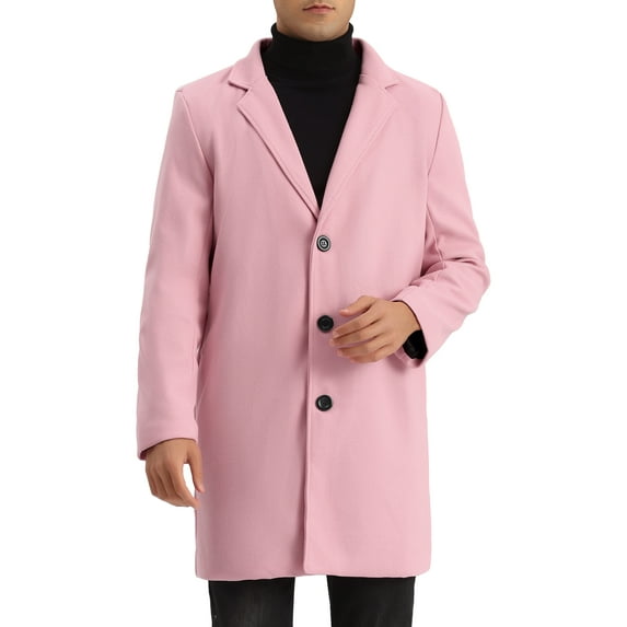 Unique Bargains Men's Slim Fit Notched Lapel Single Breasted Mid Length Overcoat 2XL Pink