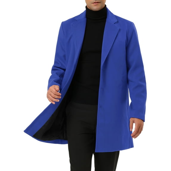 Unique Bargains Men's Slim Fit Notched Lapel Single Breasted Mid Length Overcoat L Blue