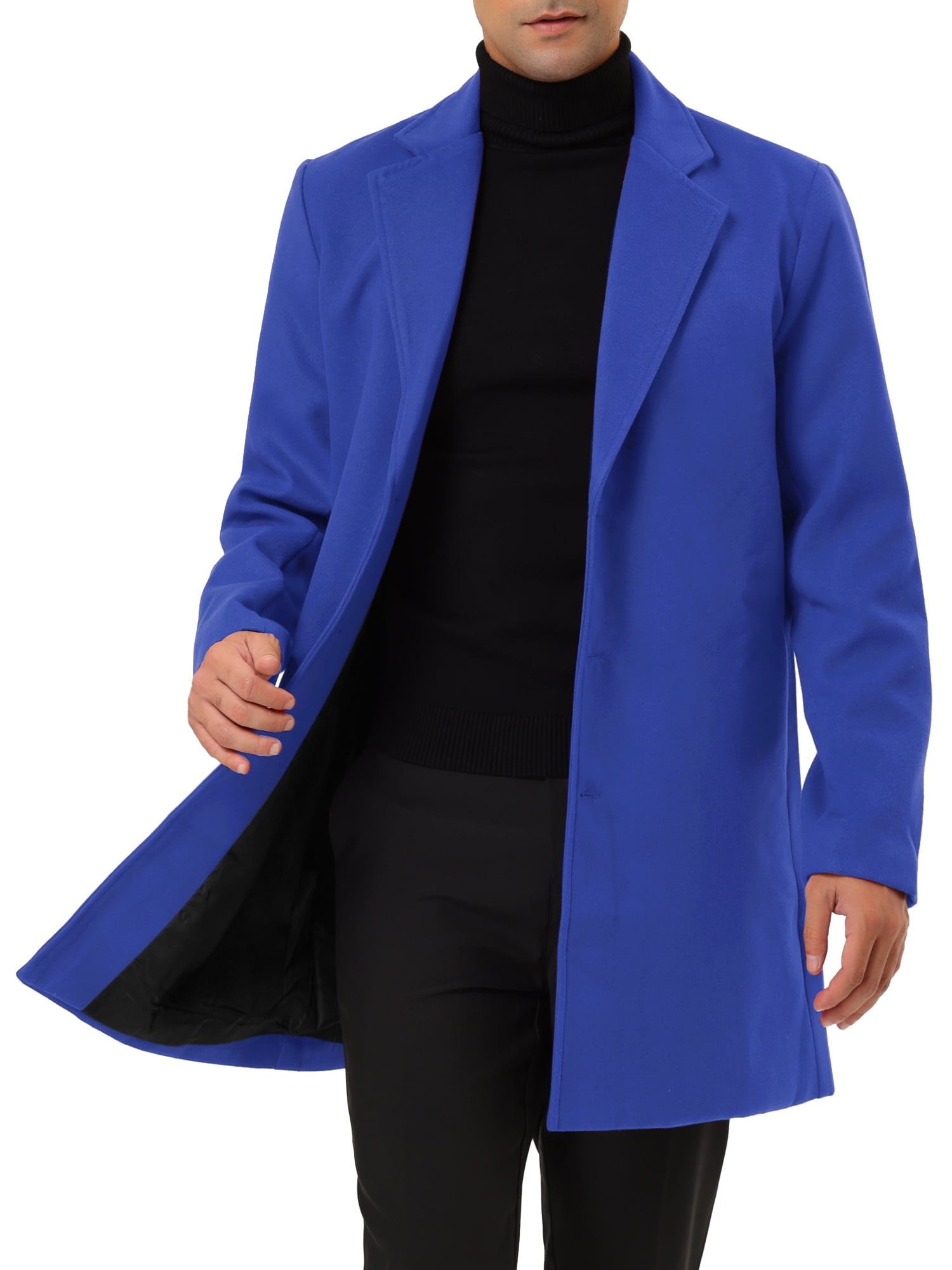 Unique Bargains Men's Slim Fit Notched Lapel Single Breasted Mid Length Overcoat M Blue
