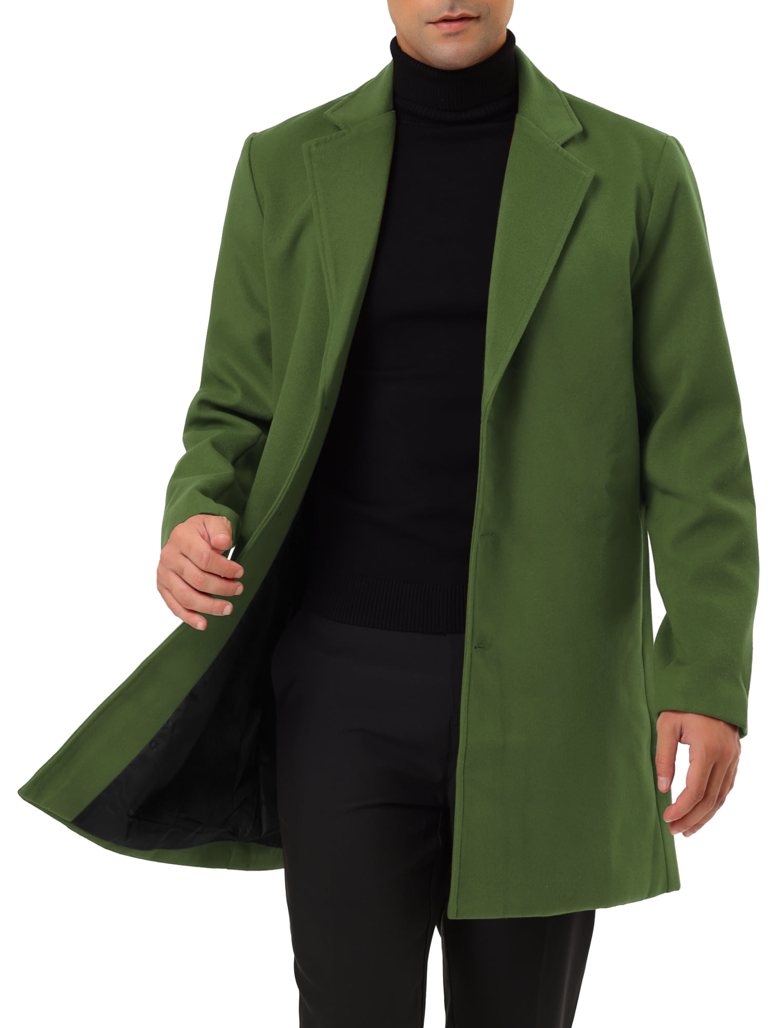 Unique Bargains Men's Slim Fit Notched Lapel Single Breasted Mid Length Overcoat M Green