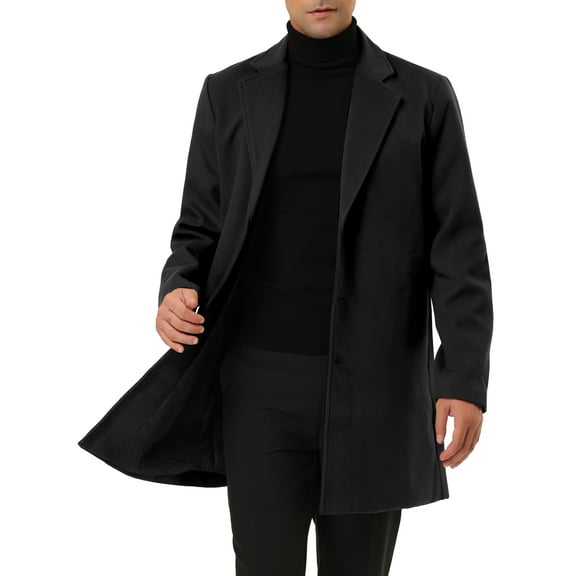 Unique Bargains Men's Slim Fit Notched Lapel Single Breasted Mid Length Overcoat S Black