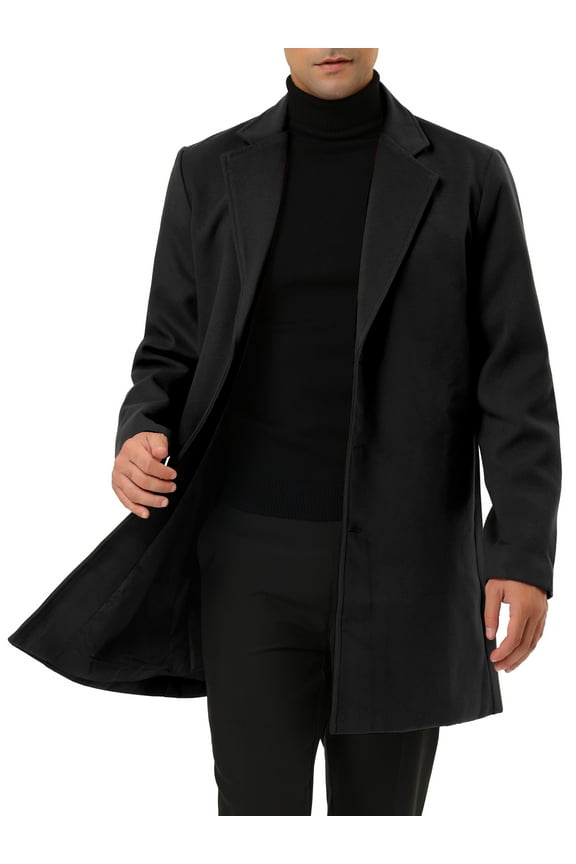 Men's Slim Fit Notched Lapel Single Breasted Mid Length Overcoat S Black