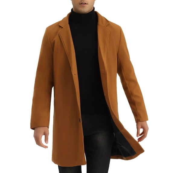 Unique Bargains Men's Slim Fit Notched Lapel Single Breasted Mid Length Overcoat S Brown