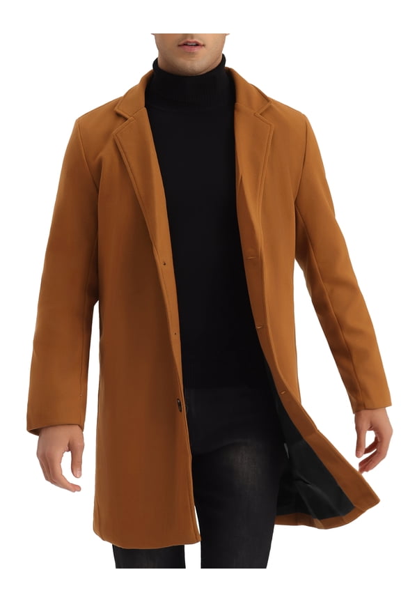 Men's Slim Fit Notched Lapel Single Breasted Mid Length Overcoat S Brown