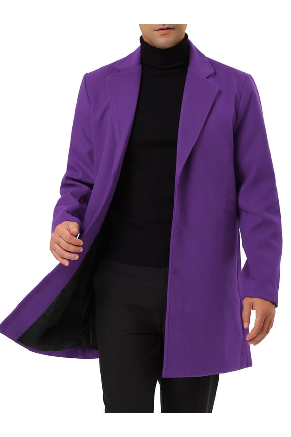 Men's Slim Fit Notched Lapel Single Breasted Mid Length Overcoat S Purple