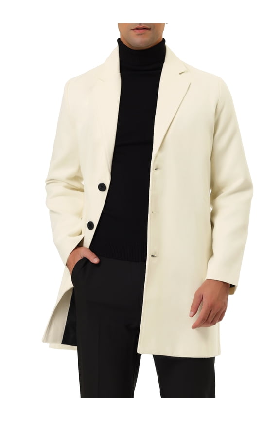 Men's Slim Fit Notched Lapel Single Breasted Mid Length Overcoat S White