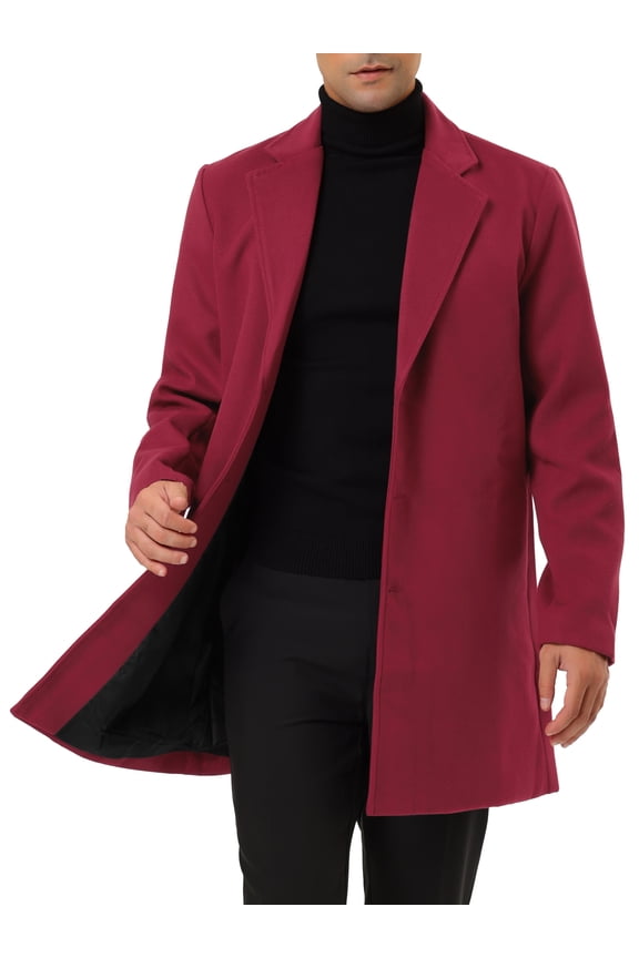 Men's Slim Fit Notched Lapel Single Breasted Mid Length Overcoat XL Burgundy