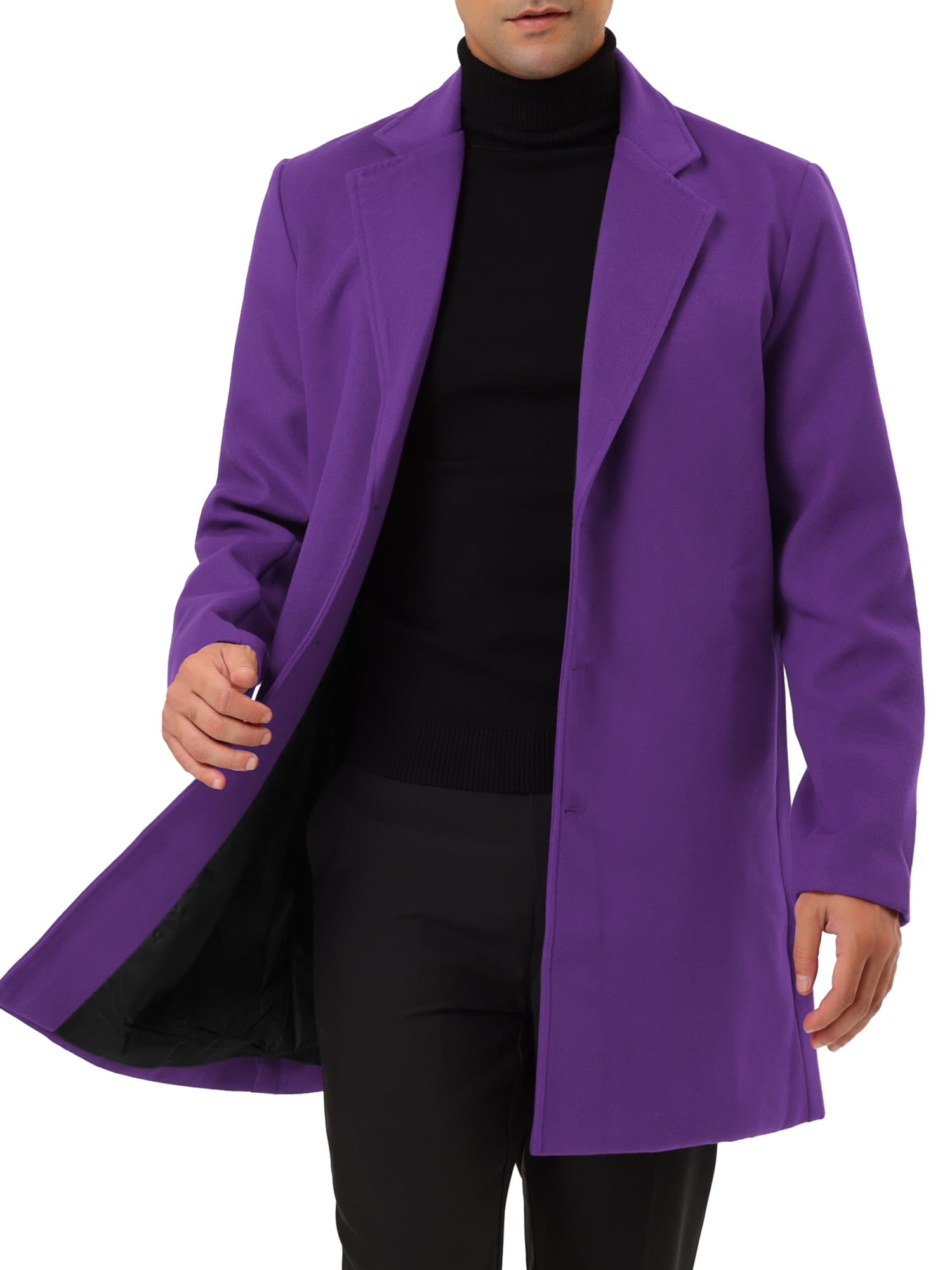 Unique Bargains Men's Slim Fit Notched Lapel Single Breasted Mid Length Overcoat XL Purple