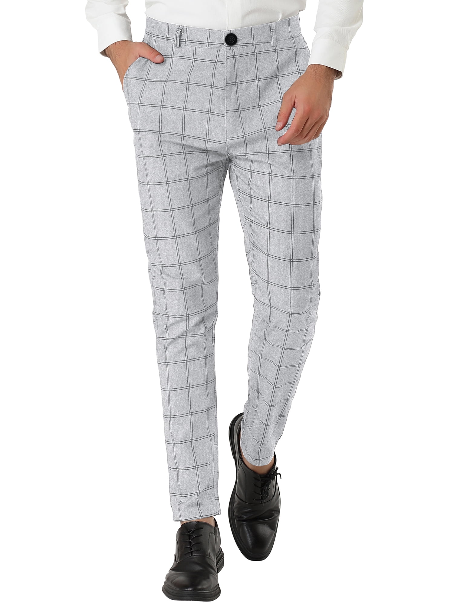 Unique Bargains Men's Slim Fit Plaid Business Pants Trousers with Pockets 30 Light Grey