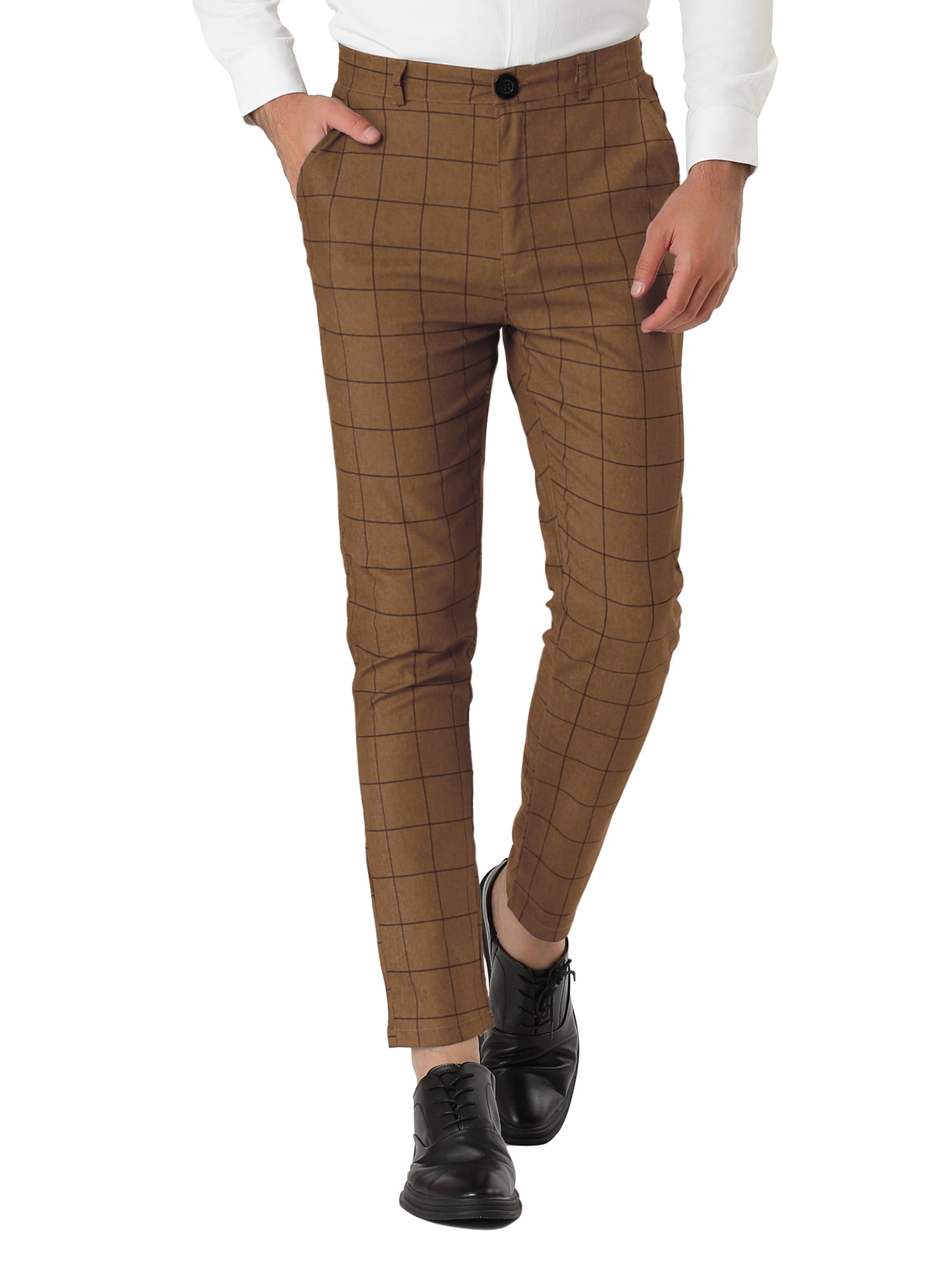 Unique Bargains Men's Slim Fit Plaid Business Pants Trousers with Pockets 32 Brown