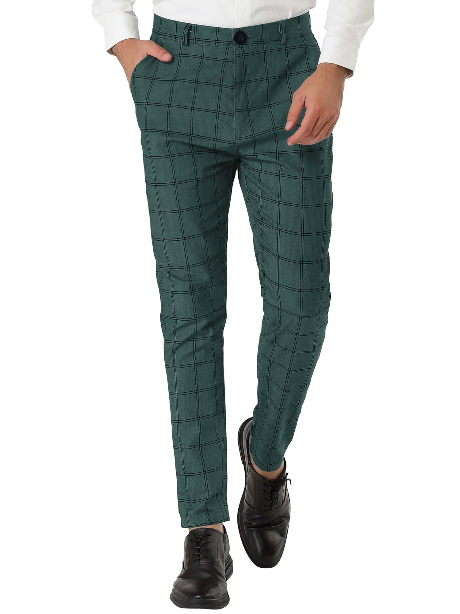 Unique Bargains Men's Slim Fit Plaid Business Pants Trousers with Pockets 32 Dark Green
