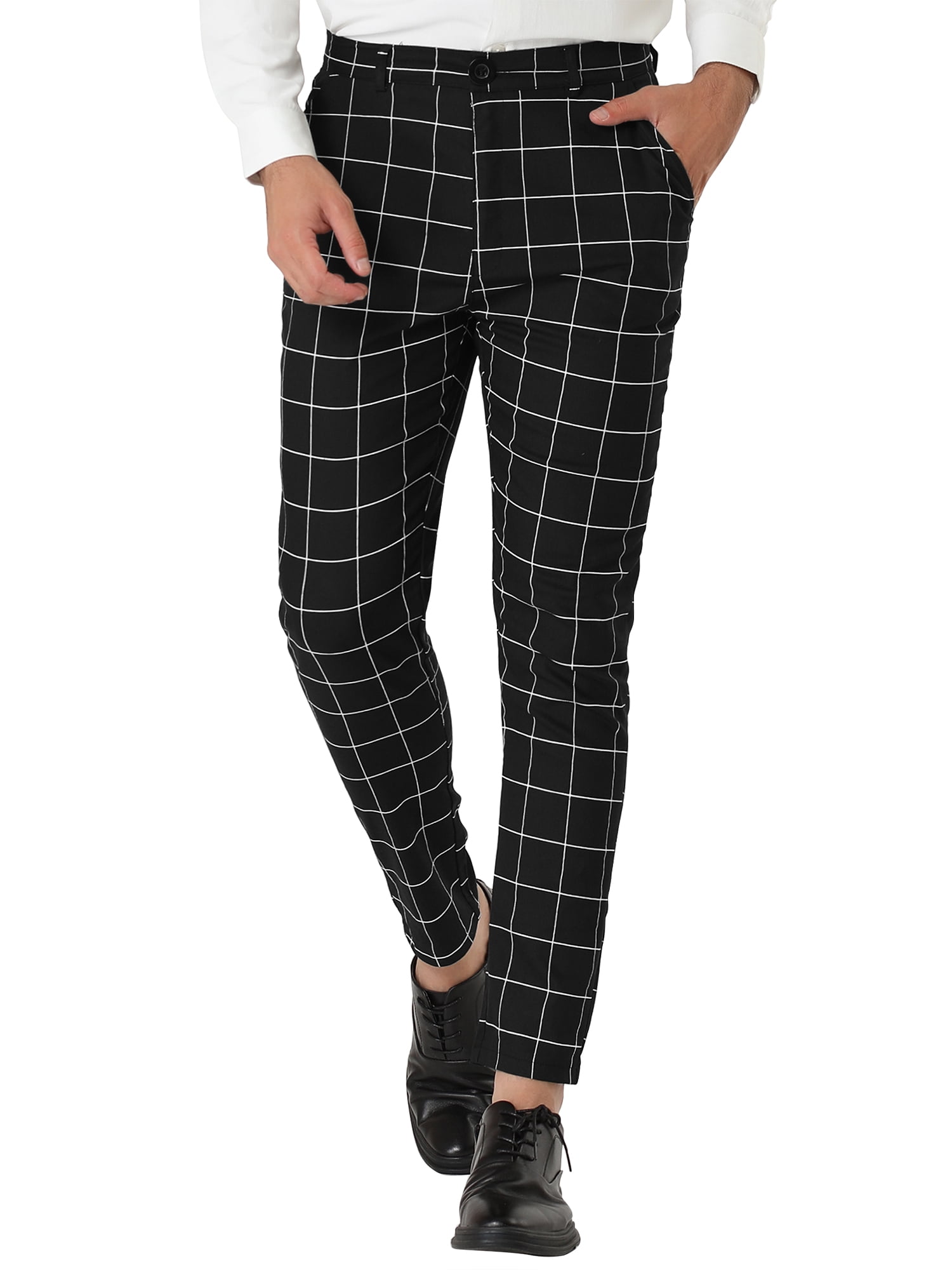 Unique Bargains Men's Slim Fit Plaid Business Pants Trousers with Pockets 36 Black and White