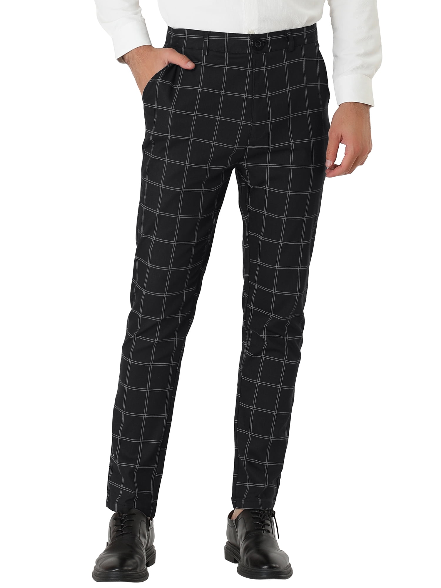 Unique Bargains Men's Slim Fit Plaid Business Pants Trousers with Pockets 36 Black