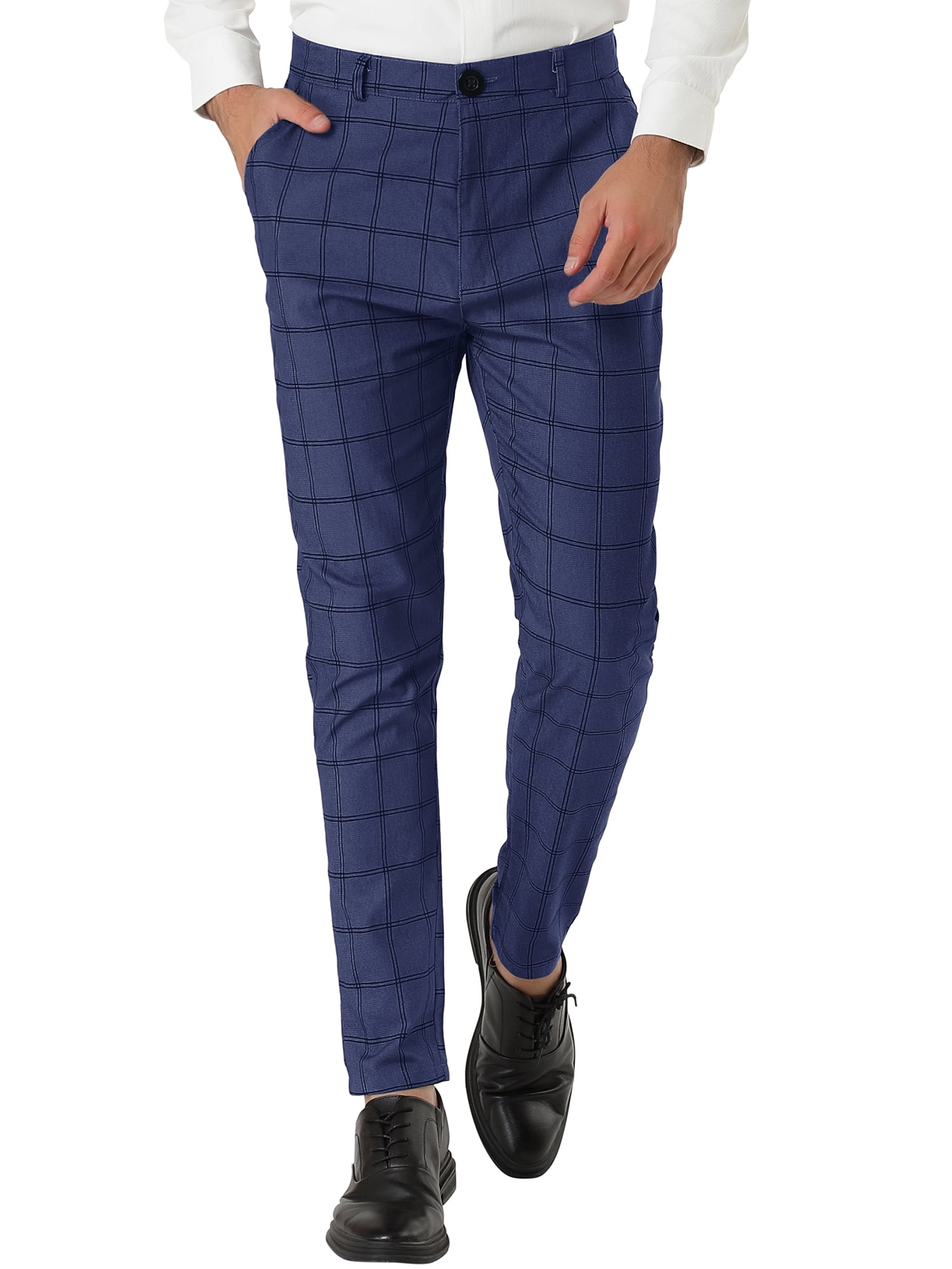 Unique Bargains Men's Slim Fit Plaid Business Pants Trousers with Pockets 36 Navy Blue