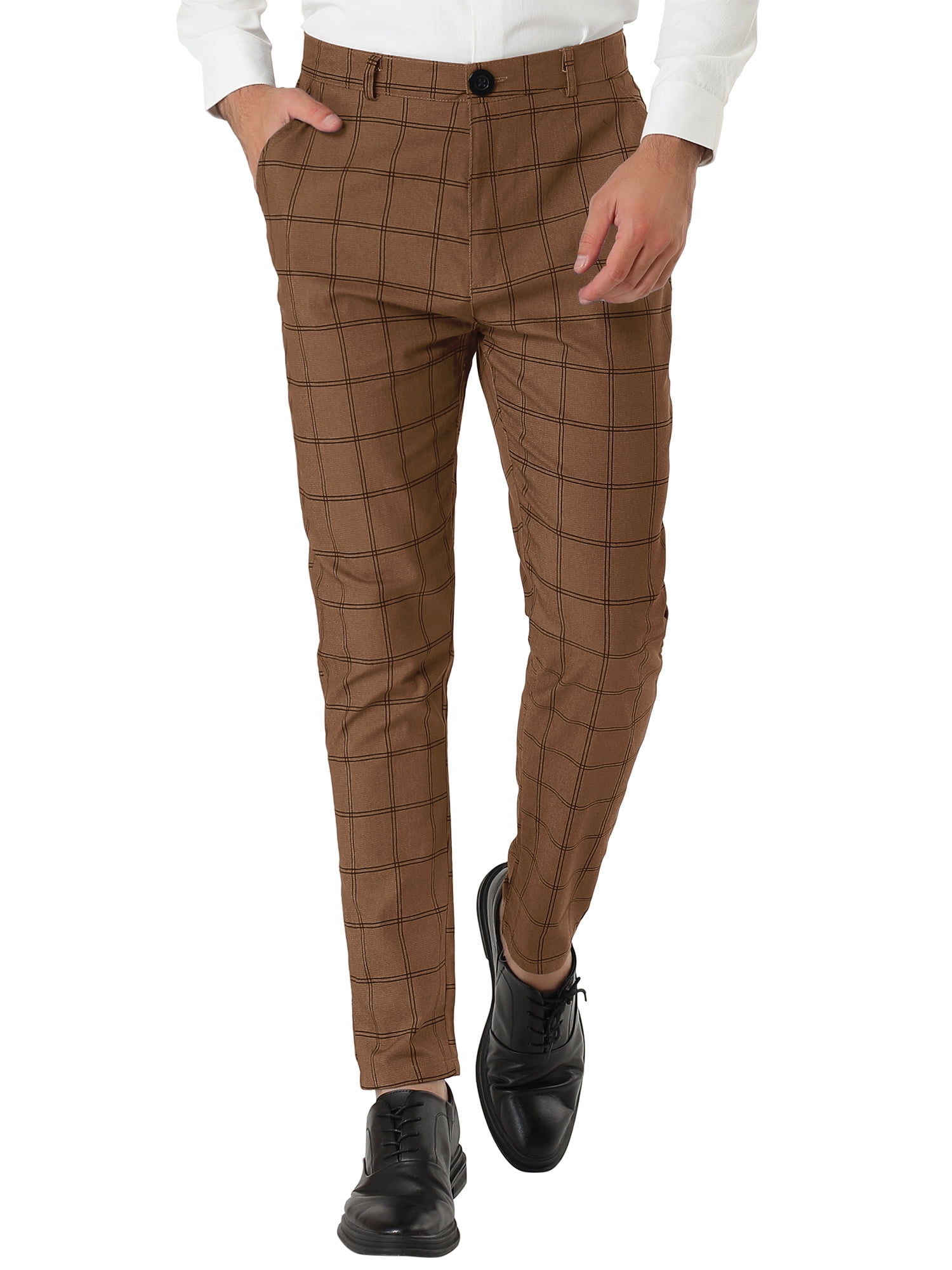Unique Bargains Men's Slim Fit Plaid Business Pants Trousers with Pockets 38 Dark Brown