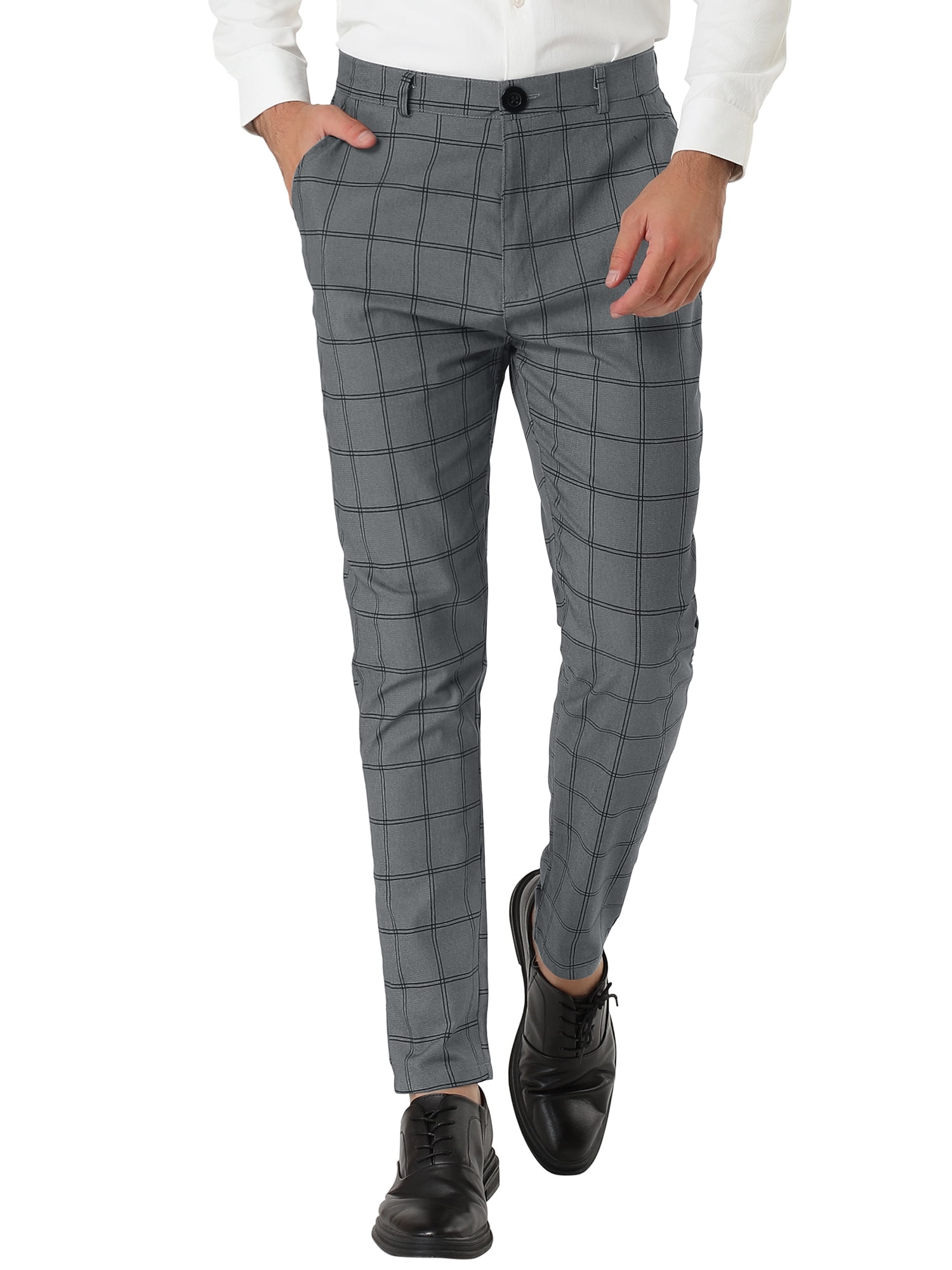 Unique Bargains Men's Slim Fit Plaid Business Pants Trousers with Pockets 38 Dark Gray