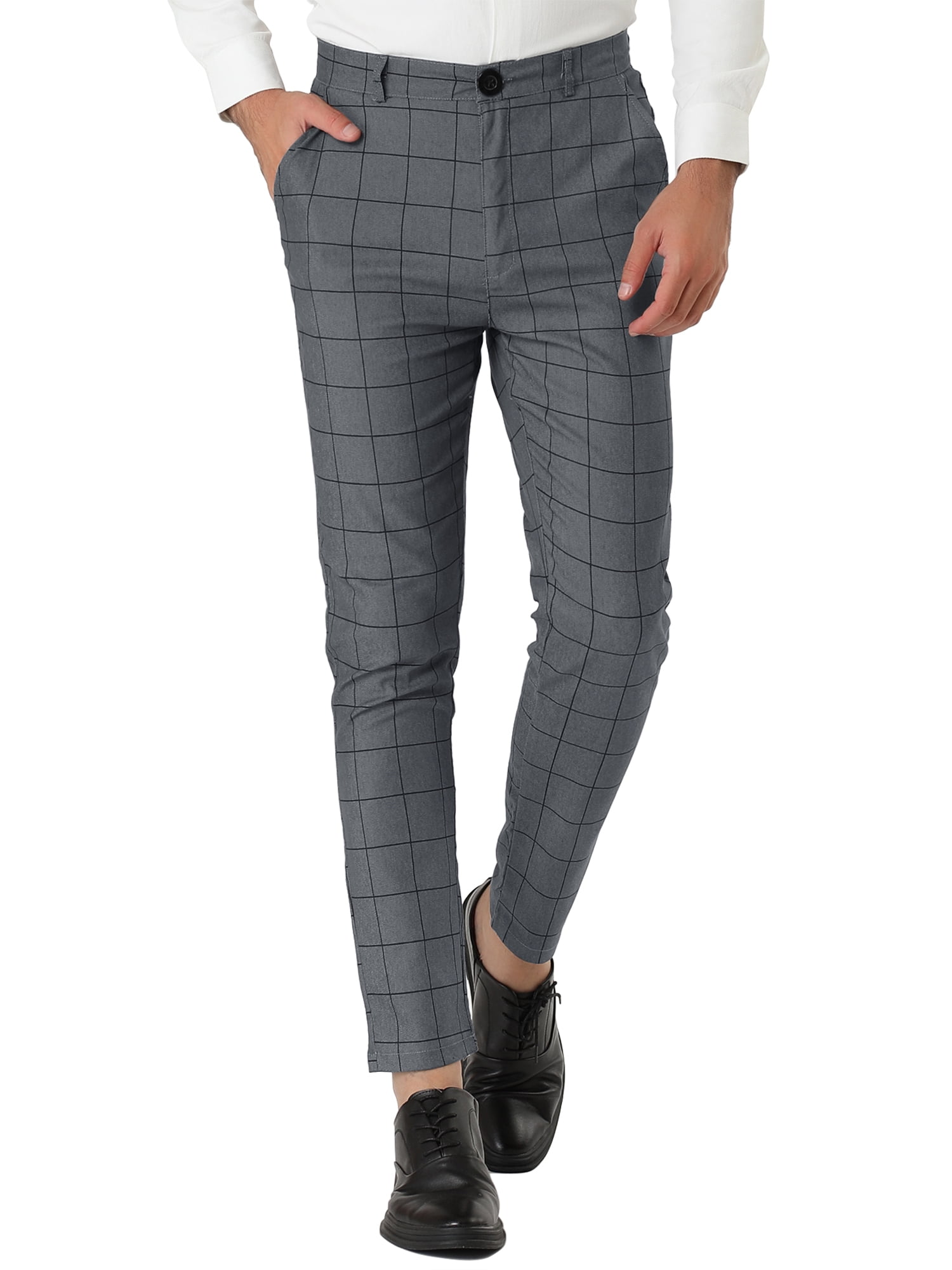 Unique Bargains Men's Slim Fit Plaid Business Pants Trousers with Pockets 38 Gray