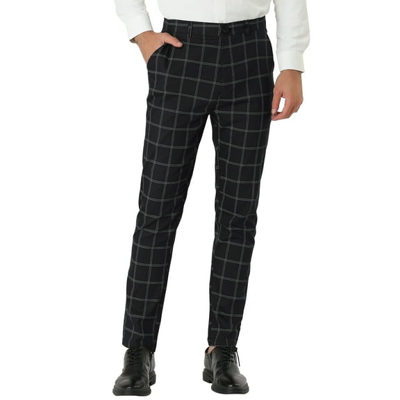 Unique Bargains Men's Slim Fit Plaid Business Pants Trousers with Pockets 36 Black